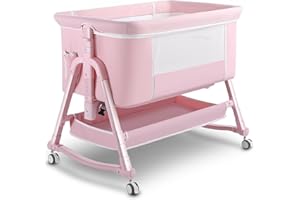 Uuoeebb 4 in 1 Bedside Bassinet for Baby, Portable Baby Bassinet with Wheels, Baby Crib with Mosquito Net, Storage and Mattress Included, Foldable Travel Bassinet for Baby/Newborn (Pink)