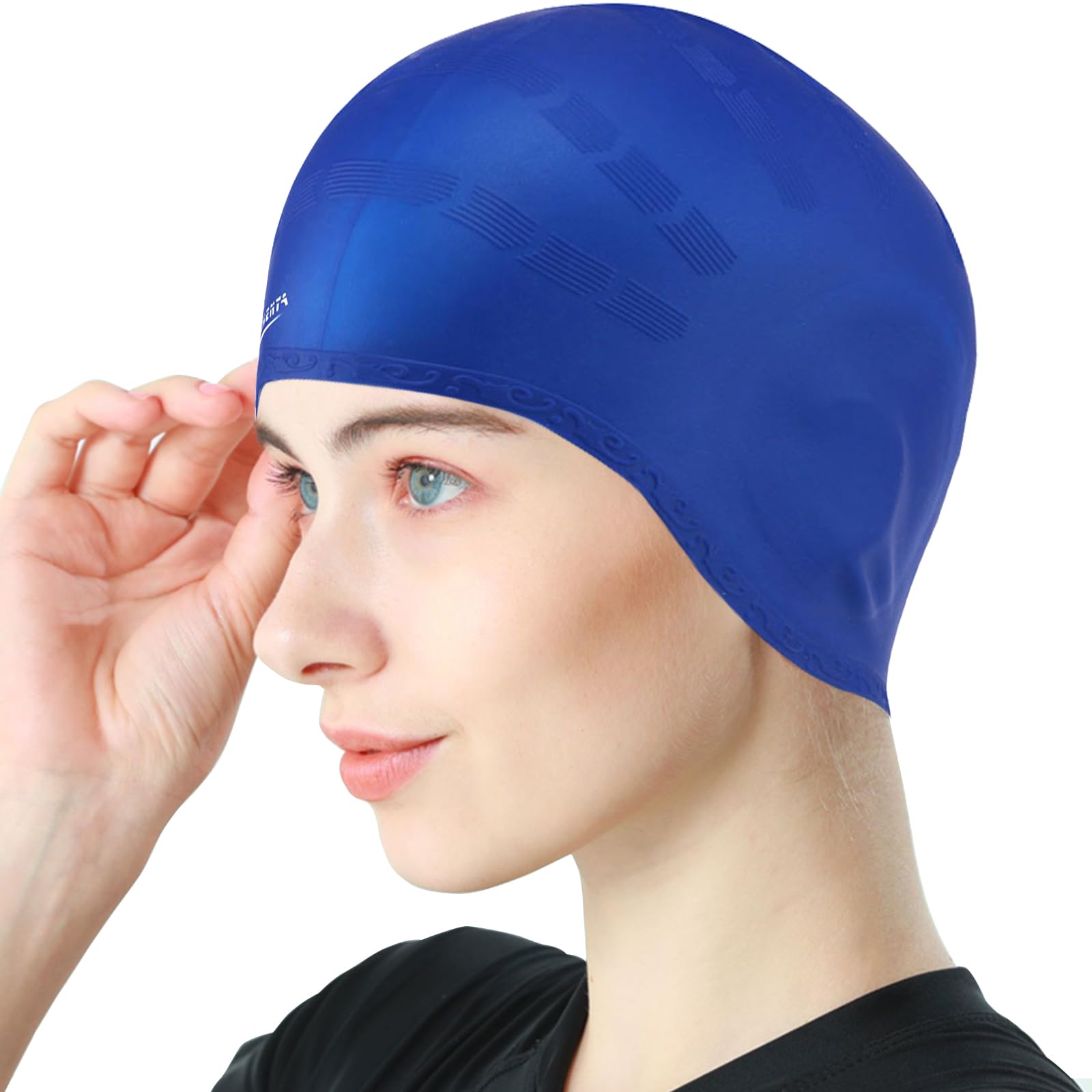 LEDEAK Swimming Cap with 3D Ear Protection, Non-Slip Waterproof Silicone Swim Cap, Swimming Hat for Adult fits Long Short Hair(Blue)