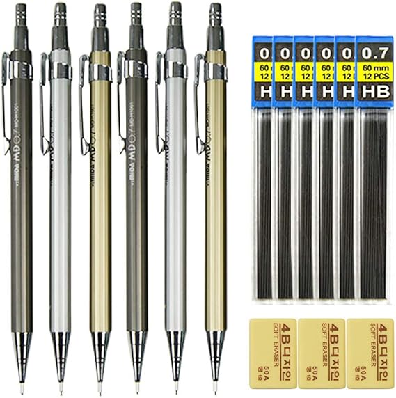 Mechanical Pencil Set 0.7mm, 6 Pieces Metal Mechanical