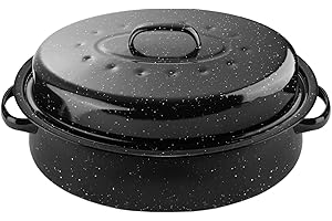 DIMESHY 18Inch Roasting Pan, Enamel on Steel, Black Covered Oval Roaster Pan with Lid, Large Cookware for Turkey, Small Chicken, Roast Baking Pan.