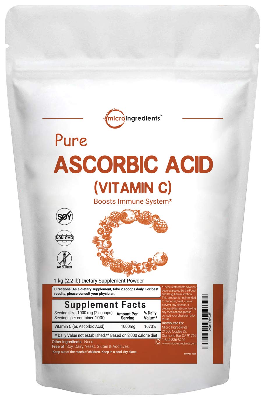 Pure Ascorbic Acid Powder (Water Soluble Vitamin C Powder), 1 KG (2.2