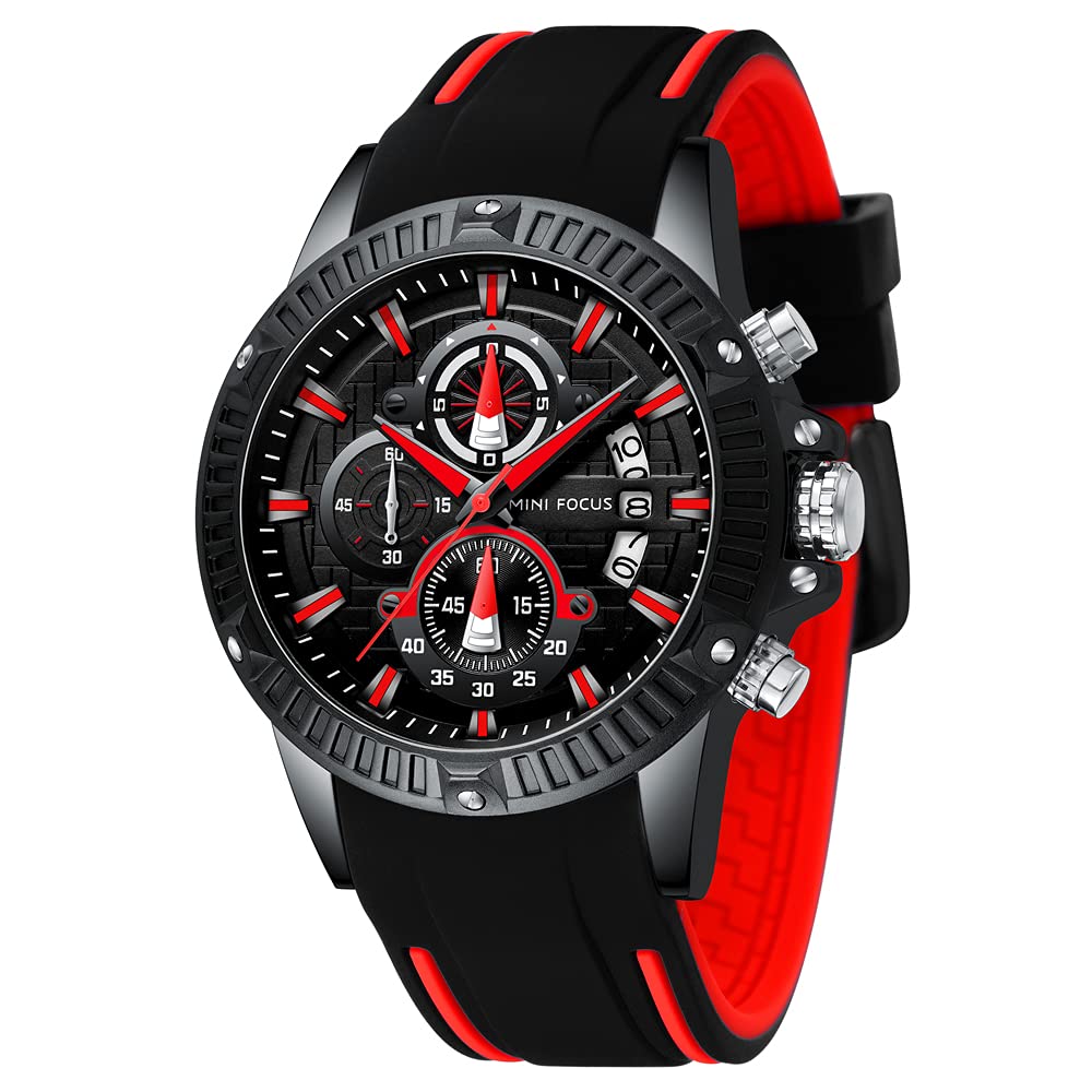 Mens Watches Military Sports Watch（Waterproof,Luminous,Multifunction,Calendar）Silicon Strap Watch for Men, Black-Red,