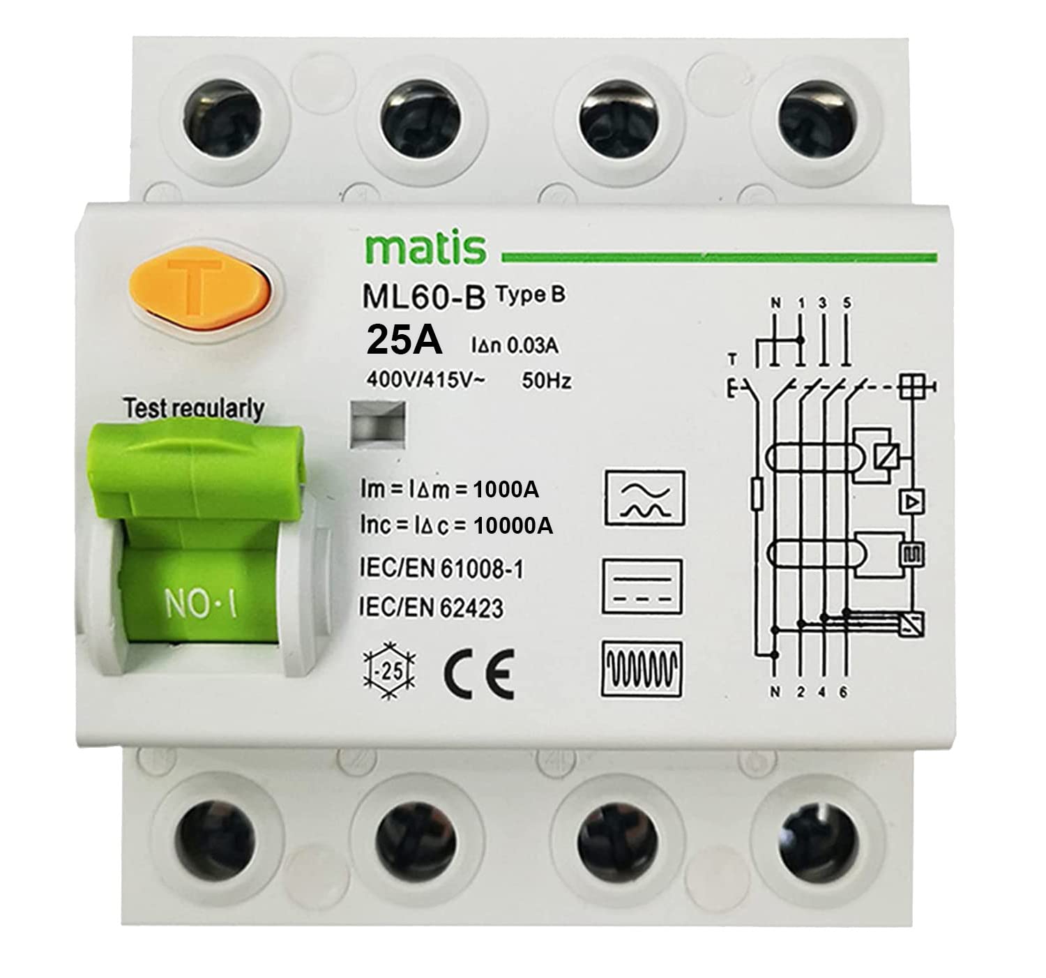 FI Circuit Breaker Type B 25 A / 30 mA, 4-Pin All-Current Sensitive Switch, Automatic Fuse