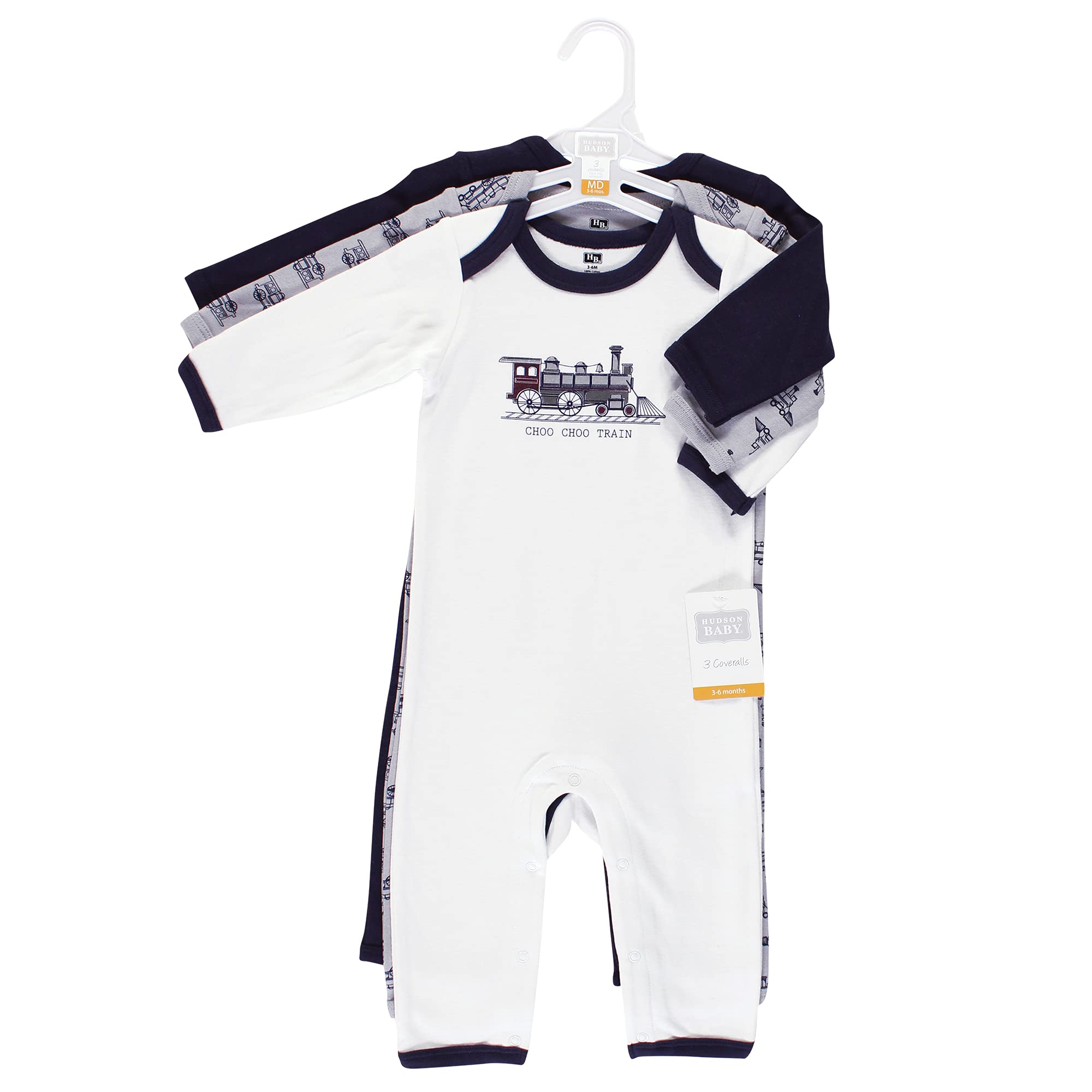 Hudson Baby Unisex Baby Cotton Coveralls, Train, 3-6 Months