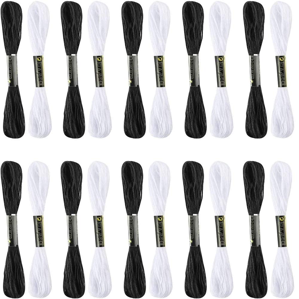 20-Piece Embroidery Thread Set - Black & White Cotton Floss for Cross Stitch, Knitting & Craft Projects