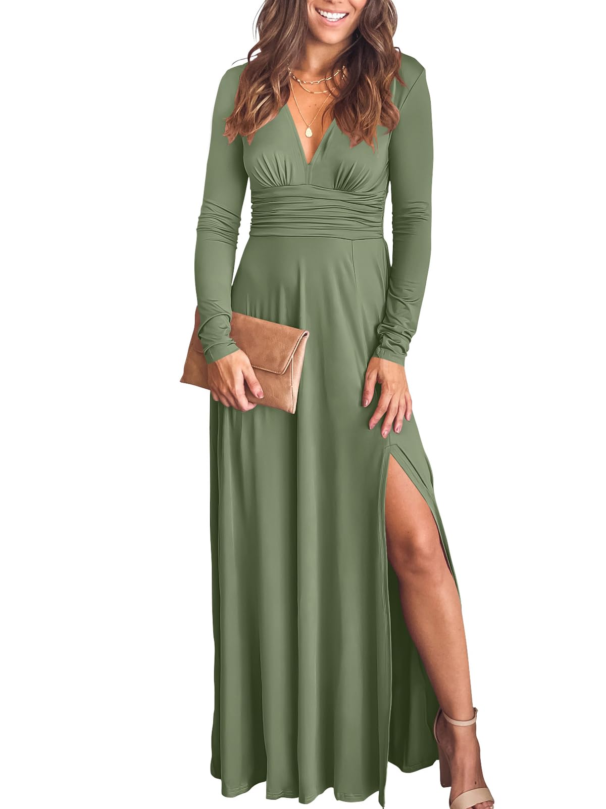 Photo 1 of ANRABESS Women Deep V Neck Long Sleeve Slit 2025 Fall Elegant Formal Wedding Guest Cocktail Evening Date Prom Maxi Long Dress Green Large