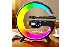 EQF LED Table Lamp with Wireless Charger, G Shaped Night Light Lamp with Bluetooth Speaker, Sunrise Alarm Clock, Smart Mini Atmosphere Lamp for Bedroom, Office, Living Area (Black)
