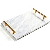 Moreast Genuine Marble Tray Bathroom Tray with Golden Handle, Natural Stone Decorative Tray with Metal Handle for Bathroom Kitchen Vanity Dresser Nightstand Desk, 11.8" x 7.9" Gray Color