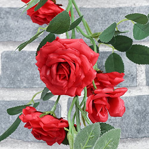 AmyHomie 3 Pack Artificial Rose Garlands,Silk Fake Rose Vine Flowers Plants for Home Hotel Office Wedding Party Garden Craft Art Decor(big flowers) (red) - Thumbnail 6