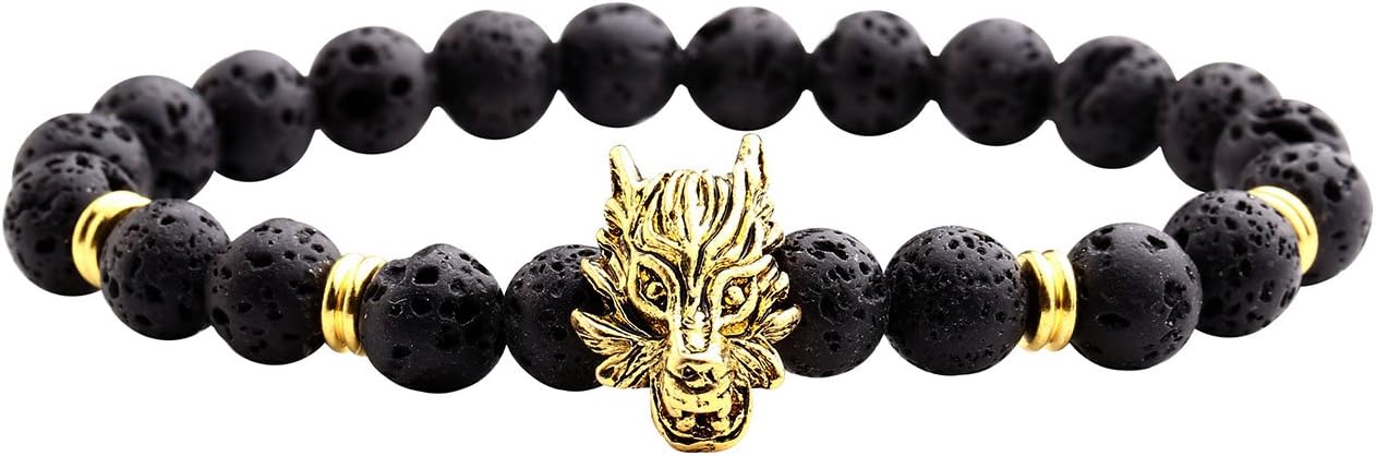 Jovivi Women 8mm Black Lava Rock Stone Aromatherapy Essentail Oil Diffuser Bracelet,Men Prayer Beads Mala Reiki Energy Meditation Bracelets Silver Skull/Wolf/Lion Head Lucky Charm