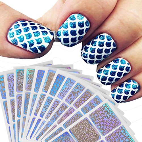 Nail Stickers,LtrottedJ 12 Sheets New Nail Hollow Irregular Grid Stencil Reusable Manicure Stickers