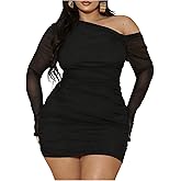 MakeMeChic Women's Plus Size Spring Mini Dresses 2026 Mesh Ruched Bodycon One Shoulder Dresses