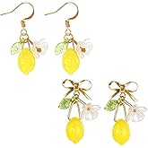 2 Pairs Lemon Earrings for Women, Yellow Lemon Bow Earring Fruit Earring Studs Jewelry Gift Fruit Earrings for Women Cosplay Birthday Parties