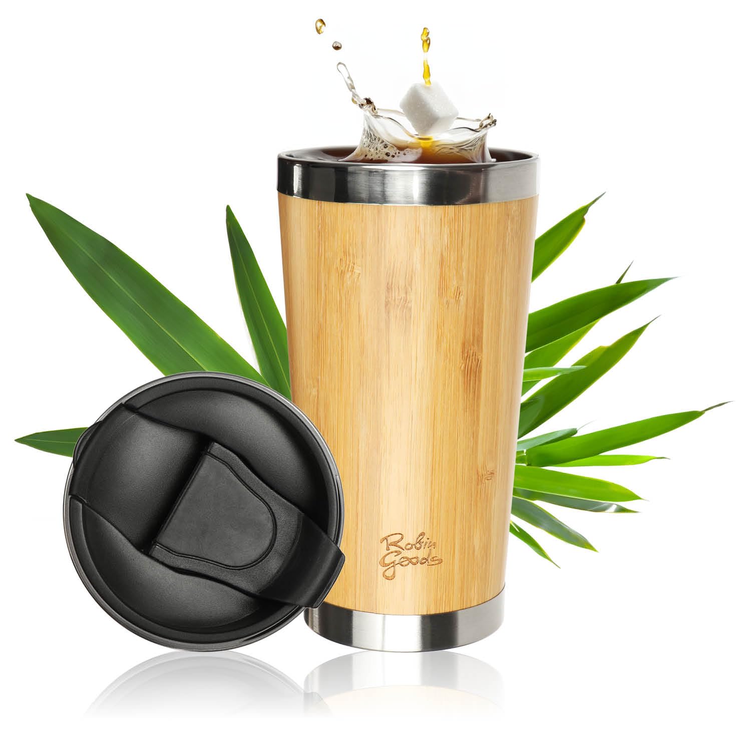 Robin Goods® Drinking Cup Made of Stainless Steel and Bamboo - Premium Mug 450 ml - Camping Mug with lid - Break-Proof and BPA-Free (1 piece - 450ml) — image 1
