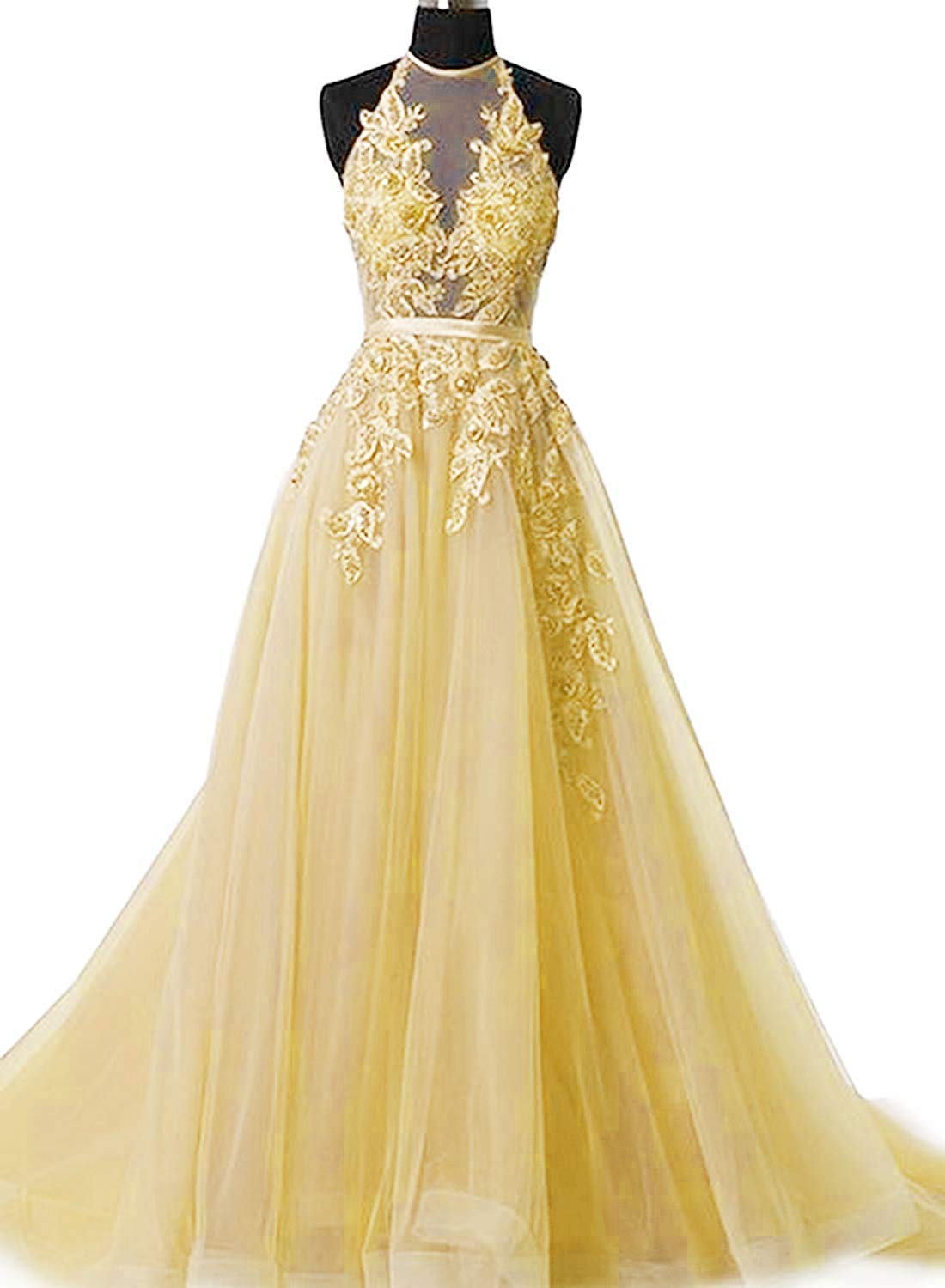 Suzy Bridal Sexy Halter Illusion Bodice Prom Dresses Long Lace Applique