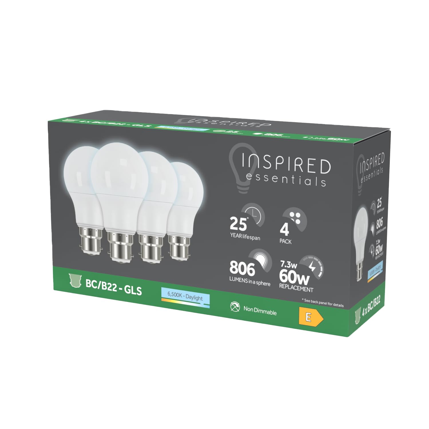 B22 Bayonet LED Bulb, Daylight 6500K, 60W 60 Watts Equivalent, 7.3W B22 GLS Bulbs, Light Bulbs, Last up to 25000 Hours, 806 Lumen, Non-Dimmable, Pack of 4