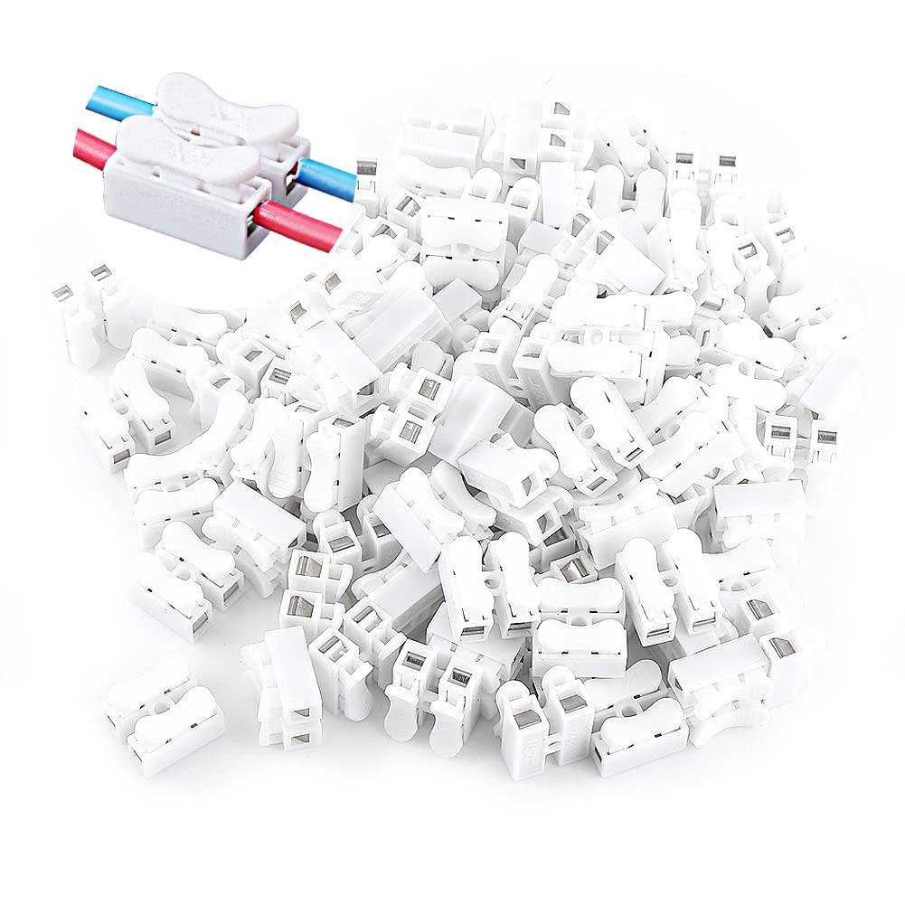 CH2 Spring Wire Connectors, 100pcs 2 Pin Push Quick Wire Cable Connector White Wiring Terminal Electrical Cable Wire Connector Blockfor Lighting and Automotive Electricity