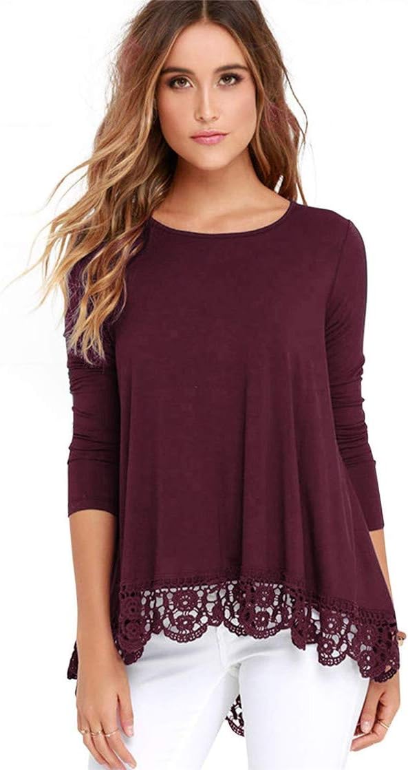 Women Lace Long Sleeve O-Neck A-Line Tunic Loose