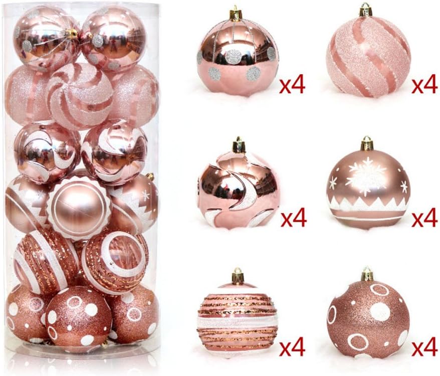 24 pcs Christmas Balls Shatterproof Brightly Painted Pendant for Xmas Tree Decoration Transparent Rose Gold