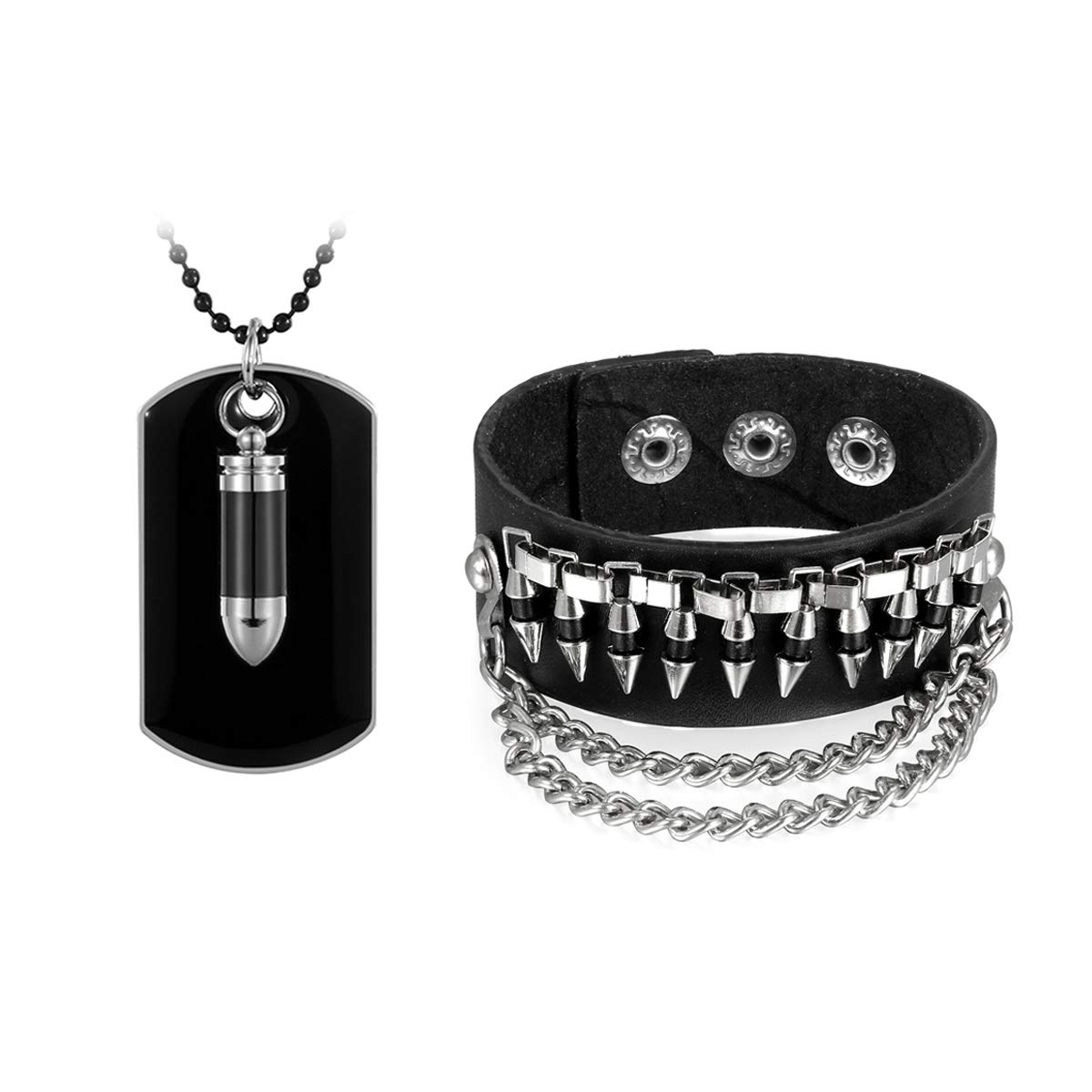Cupimatch Mens Adjustable Spike Rivet Chain Leather Bracelet, Stainless Steel Bullet Military Army Dog Tag Pendant Necklace 27.5 Inch Jewelry Set