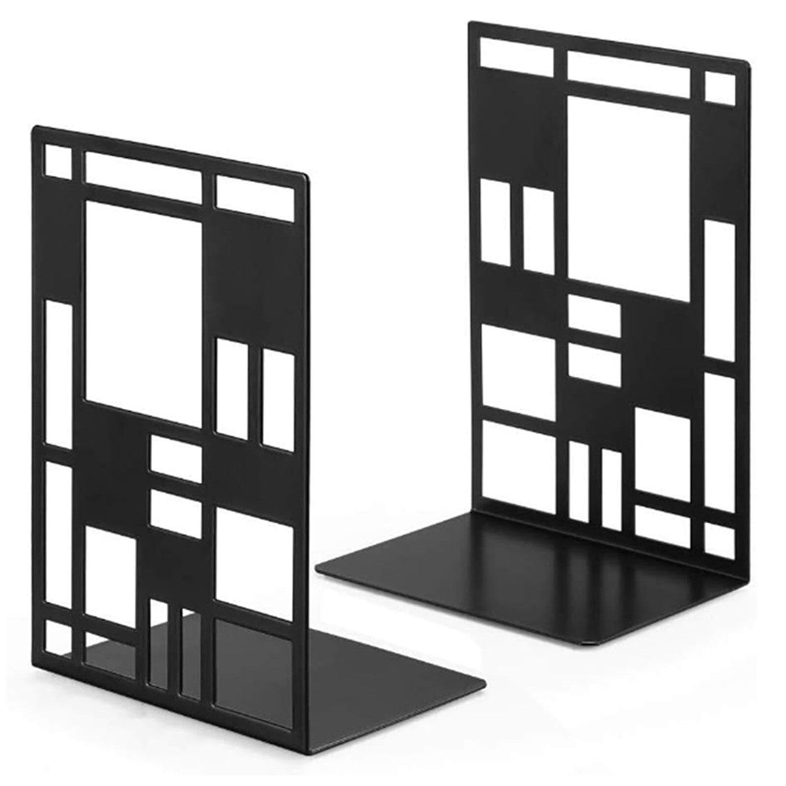 Hwtcjx Book Ends, Metal Bookends, Book Ends for Shelves, Non Skid No Rusting Book End, Unique Abstract Grid Designs Book Stopper for Home, Office, Library (Black, 1 Pair)
