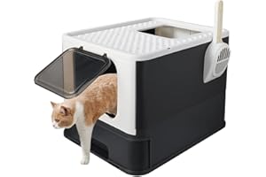 Foldable Cat Litter Box, Top Entry Kitty Litter Box with Lid & Scoop Extra Large Space Enclosure Toilet (Black) - LIVINGbasic