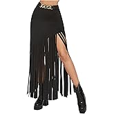 MATSUMIZUYU Women's Black Fringe Skirt High Waist Bodycon Asymmetrical Hem Long Festival Party Punk Tassel Skirts
