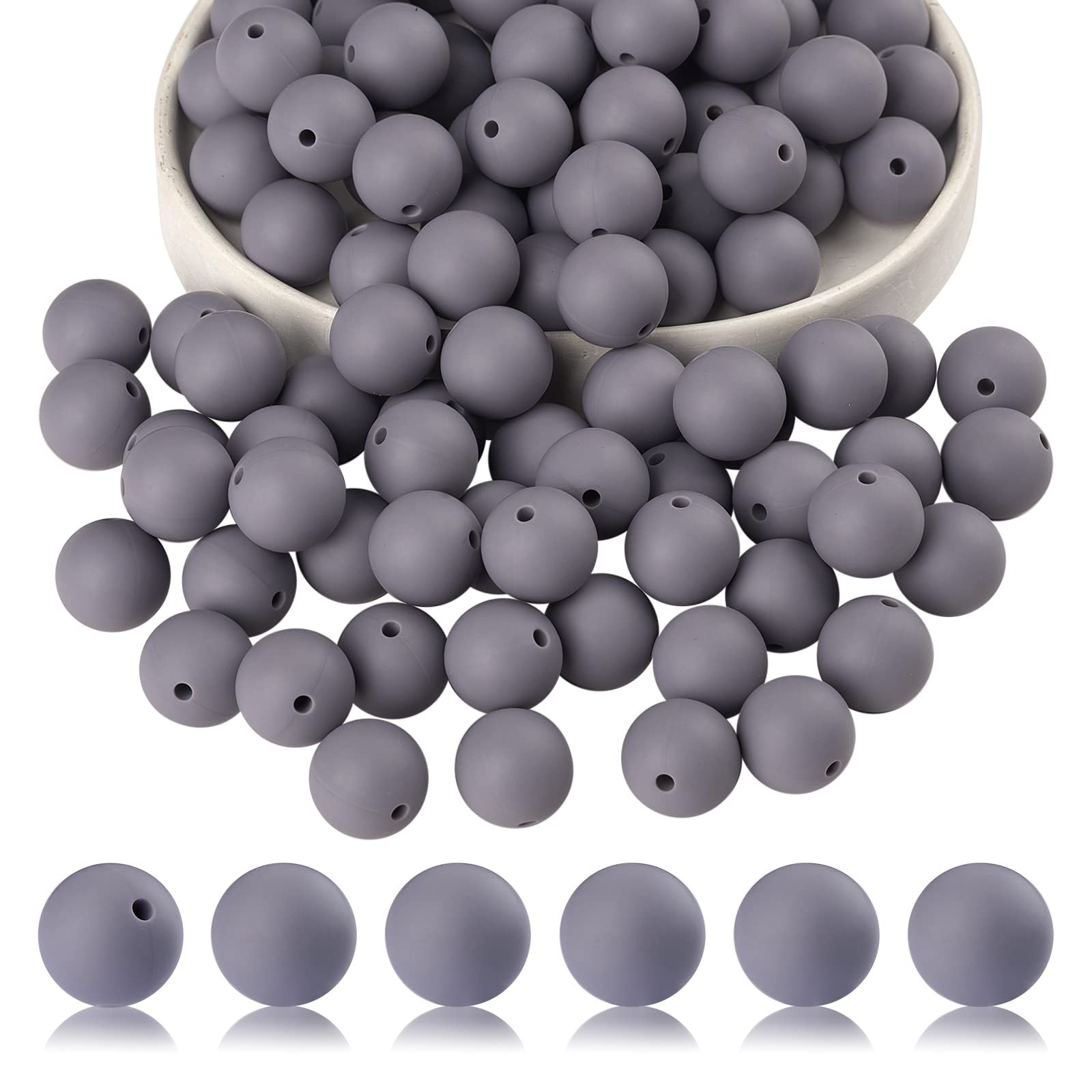 BEEFLYING 100 Pieces Silicone Beads 15mm Round Rubber Focal Bead Loose Spacer Beads for Keychain Making, Pen Bracelet Necklace Jewelry DIY Craft (Gray) — image 1