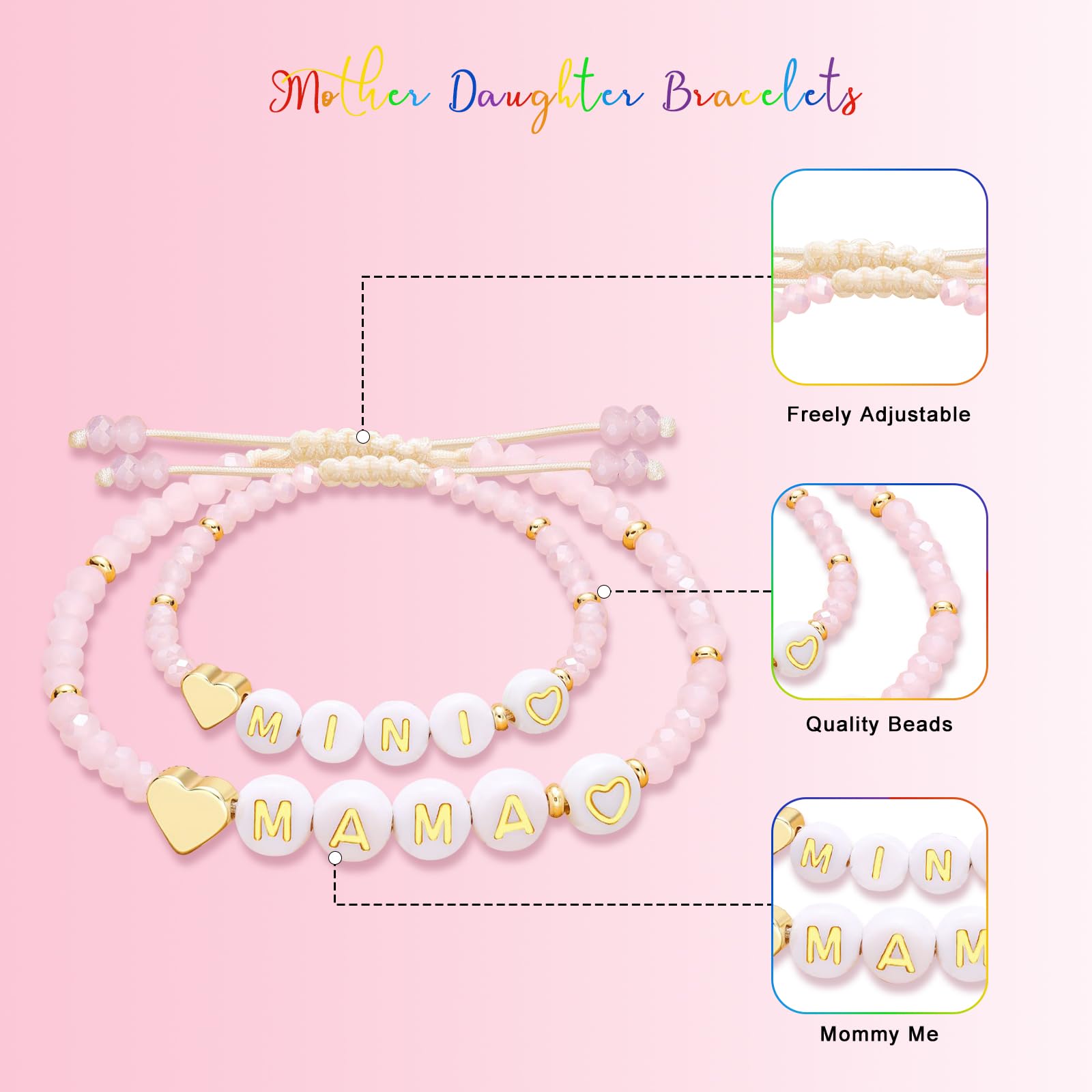 Egowry Mother Daughter Bead Bracelet Set for 2, Mommy and Me Matching Bead Bracelet, Mama and Mini Matching Heart Bracelets for Mom Daughter Valentines Mother's Day Gift