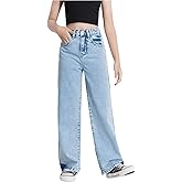 WDIRARA Girl's Butterfly Print Elastic Waist Wide Leg Ripped Jeans Denim Pants