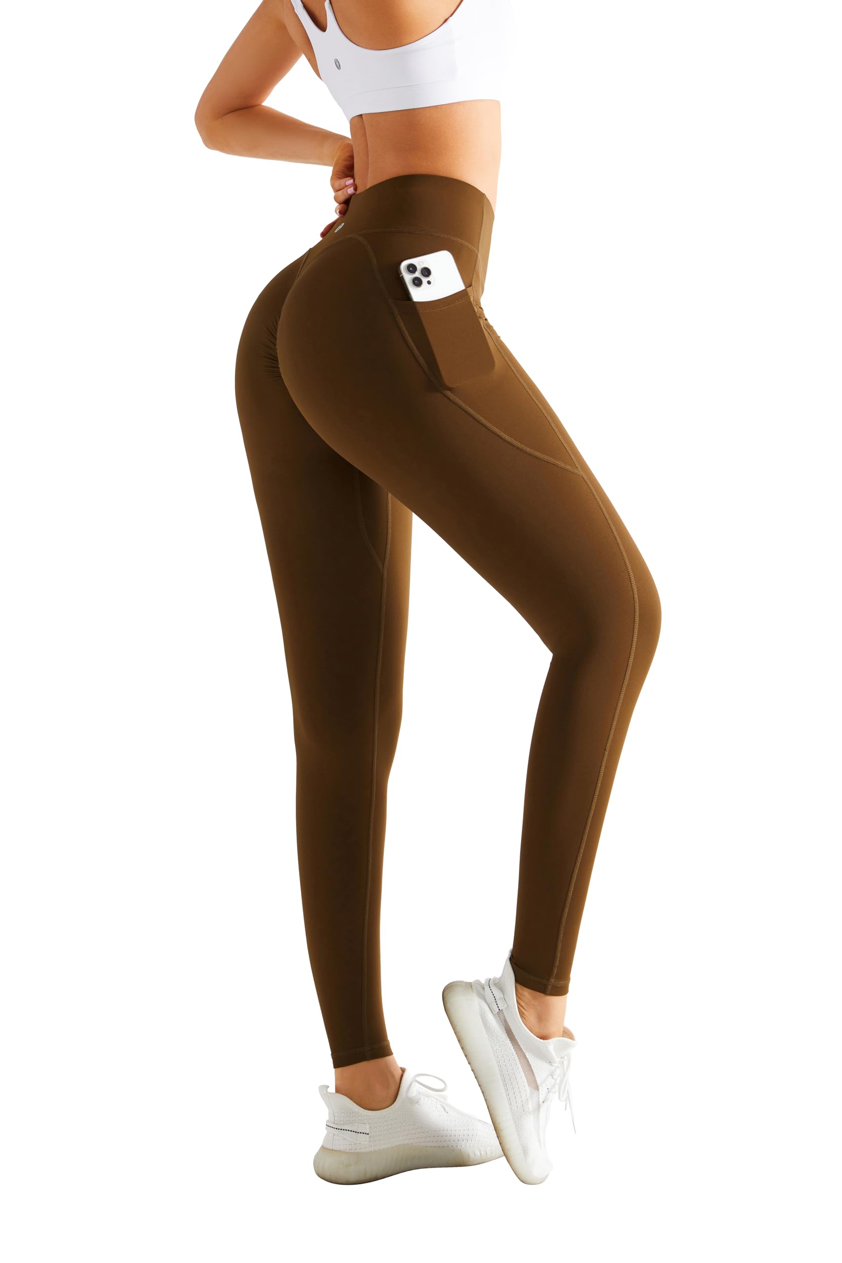 Photo 1 of High Waisted Yoga Pants for Women Scrunch Butt Lifting Tummy Control Leggings with Pockets Soft Stretchy Workout Yoga(2964R Deep khakir,L)