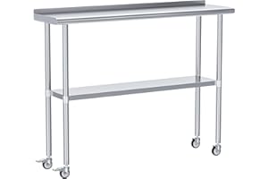 HOCCOT Stainless Steel Prep & Work Table with Adjustable Shelf, Backsplash and Wheels, Kitchen Island, Commercial Workstations, Utility Table in Kitchen Garage Laundry Room Outdoor BBQ, 14" X 48"