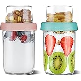 4oz 16 oz Glass Overnight Oats Containers with Lids 2Pack, Yogurt Parfait Cups with Dry and Wet Separation, Breakfast Prep Bowl for Cereal Nut Fruit Meal, To Take Along Oatmeal Salad Smoothie Snack