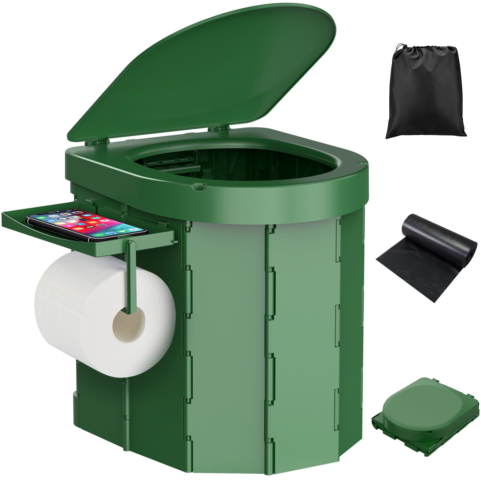 Portable Camping Toilets, Foldable Adult Toilets with Removable Shelf for Phone and Toilet Paper Holder and Lid for Camping, Hiking, Long Car Journeys - Green