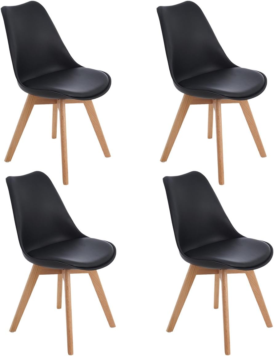 EGGREE Set of 4 Tulip Dining/Office Chair with Solid Wood Oak Legs, (TM) Armless Padded Design Chairs for Extra Comfort - Black