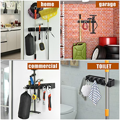Auwey 2pack Mop Broom Holder Wall Mount with Hook Gripper Slot, Garden Storage Rack Mop Broom Handle Kitchen Storage Garage Garden Tools Commercial Organizer (5 Position 6 Hooks)