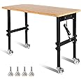 Goplus Work Bench, 48” Mobile Work Table with Power Outlet, Removable Wheels & Foot Pads, Bamboo Wood Top,1984LBS Capacity,Heavy Duty Tool Bench, Adjustable Rolling Workbench for Garage Home Workshop