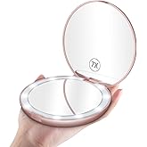 Benbilry LED Lighted Compact Travel Makeup Mirror with Lights, 1x/7x Magnification, 5 Inch Dual Sided Portable Illuminated – Perfect for Handbag