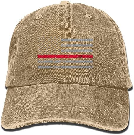Firefighter Thin Red Line American Flag - Support Firefighter Department Horizontal Vintage Washed Dyed Cotton Adjustable Denim Cap Low Profile