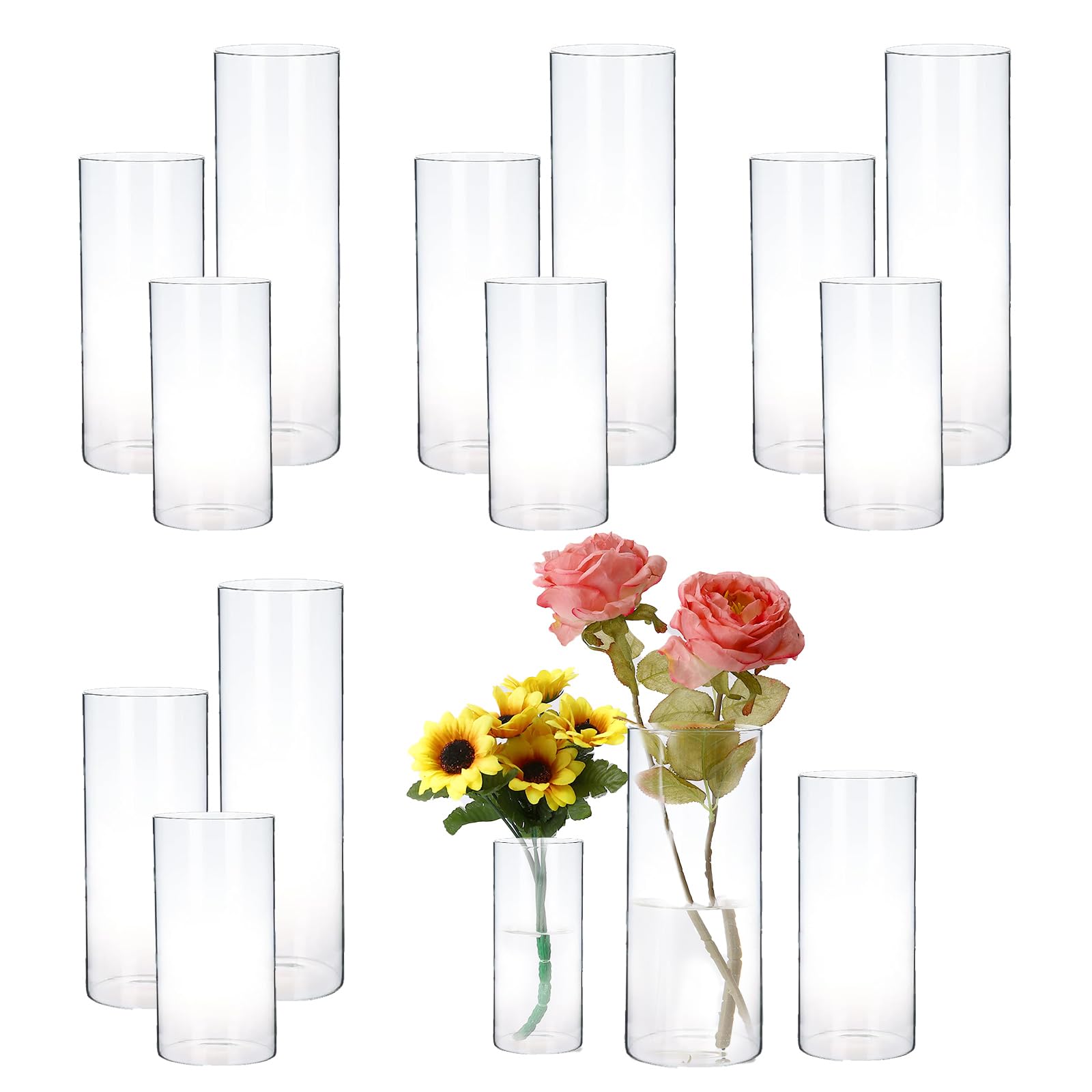 Photo 1 of 12 PCS Glass Candle Holder Hurricand Candle Holder, Glass Pillar Candle Holder, Clear Glass Cylinder Candleholder Glass Cylinder Vase for Centerpieces Wedding Party Decoration