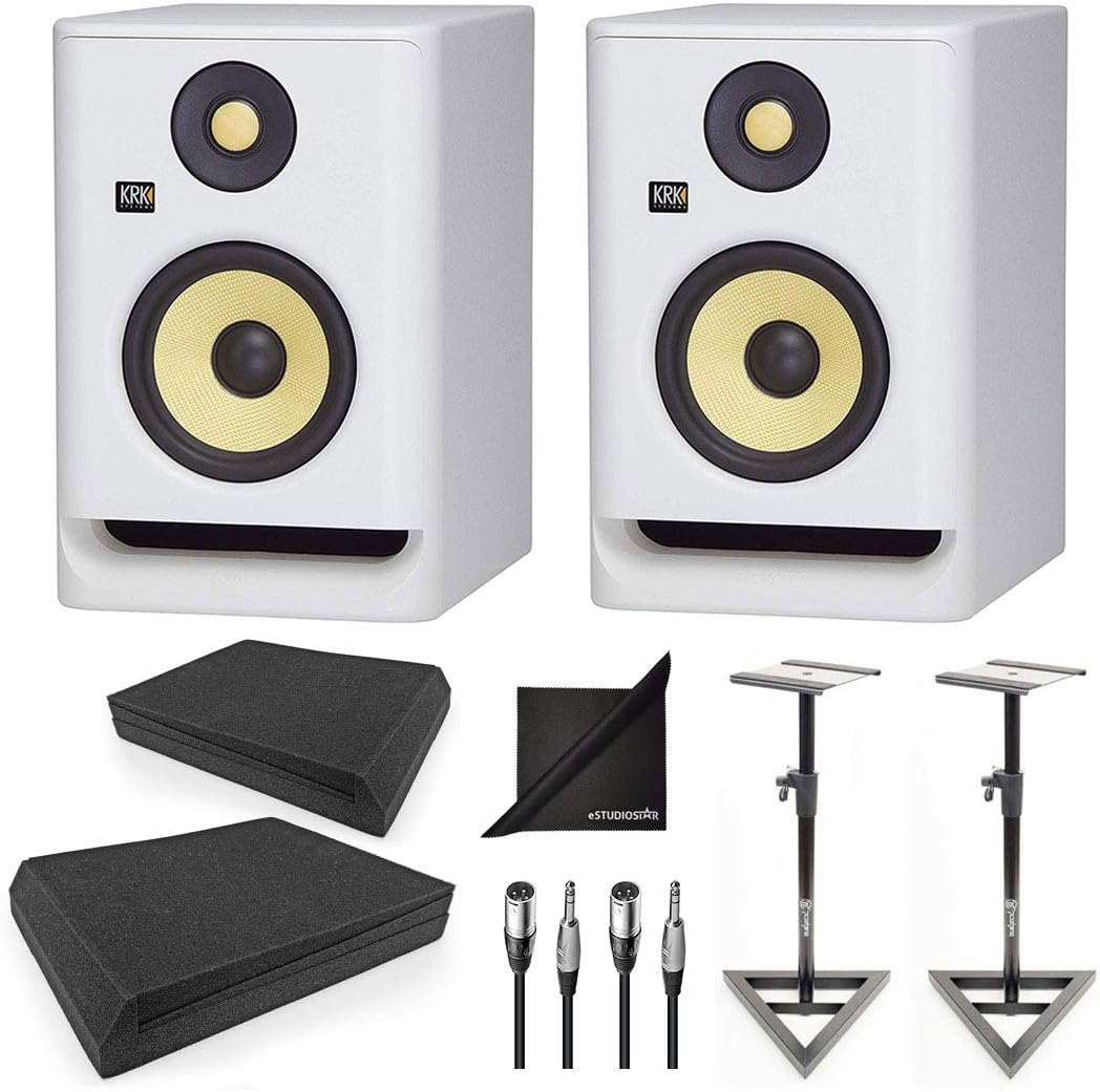 KRK RP5G4WN Rokit Gen4 5'' Powered Studio Monitors (Pair) White Noise Edition w/AxcessAbles Speaker Stands, Isolation Pads, Audio Cables and eStudioStar Polishing Cloth