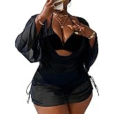 YELAIVP Women's Plus Size Halter String Triangle Bikini Sets 3 Piece Swimsuits with Side Ruched Drawstring Cover Up