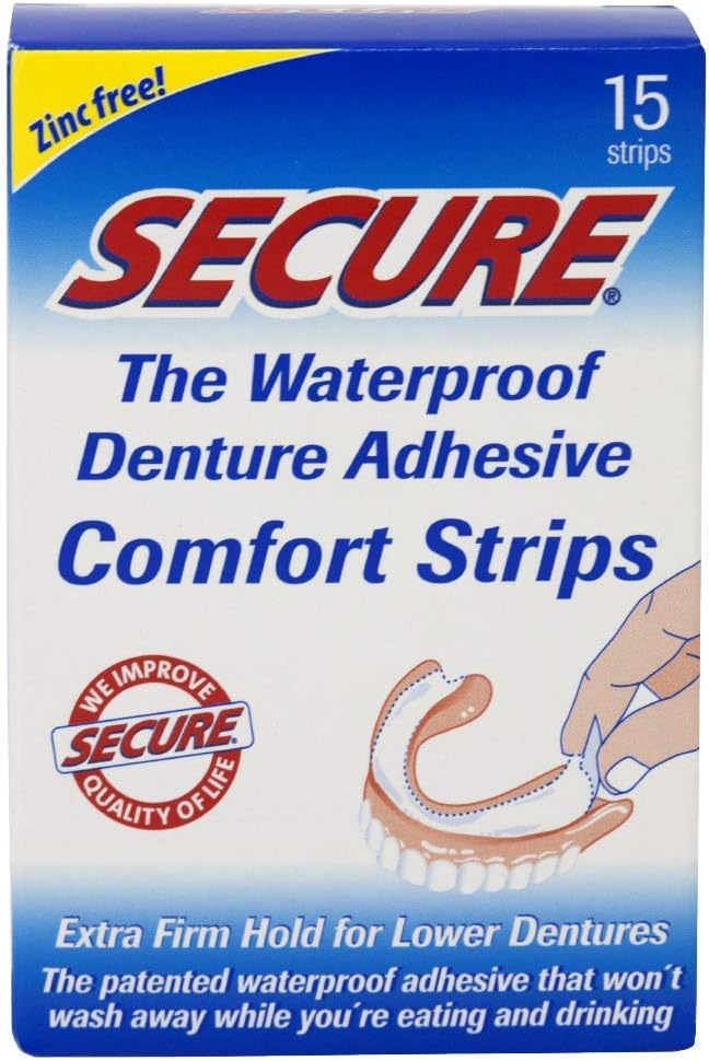 Secure Comfort Strips Waterproof Denture Adhesive - Zinc Free - Extra Firm Hold For Lower Dentures - 15 Strips: Health & Personal Care