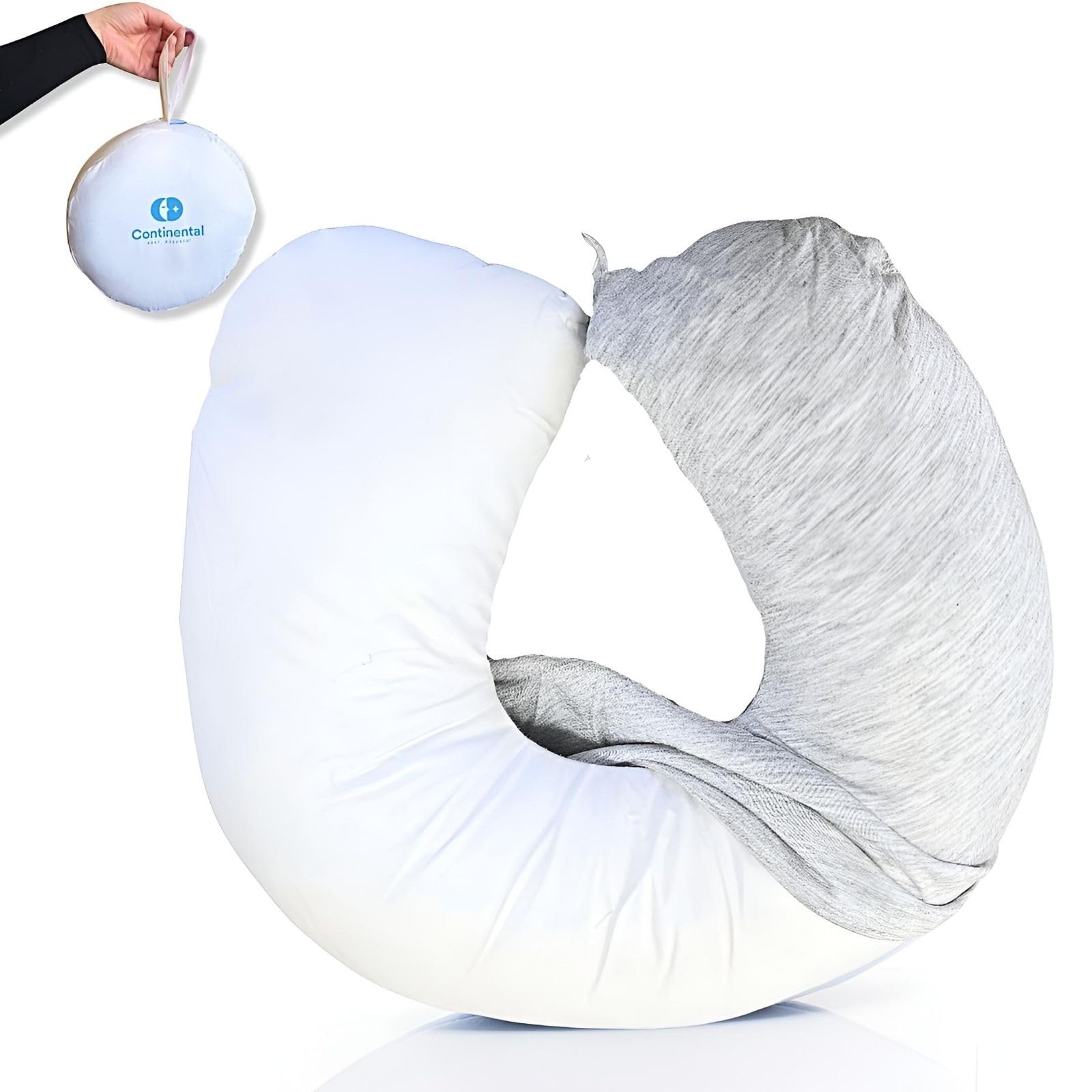 Photo 1 of Continental Bedding - Travel Neck Pillow - U Shaped - White Down Fill - Removable Gray Viscose Derived from Bamboo Cover in Travel Case