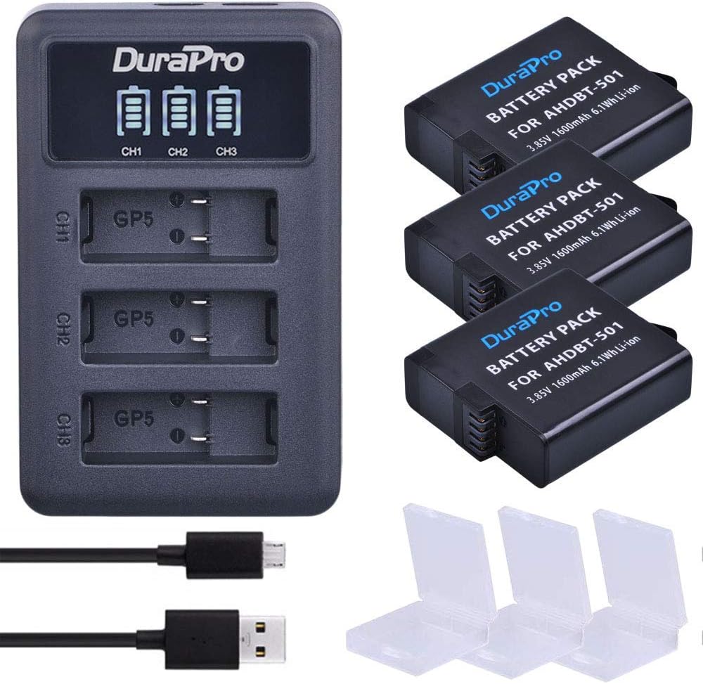 DuraPro 3Pcs Battery for GoPro Hero 7 Hero 6 Hero 5 Batteries + Rapid LED 3-Slots USB Charger with Type C Port for Gopro Accessories (Compatible with GoPro Hero5 All Firmwares v02.00