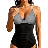 Firpearl Women's Underwire Tankini Top Only V Neck Strappy Back Swimsuit Ruched Tummy Control Bathing Suits Top