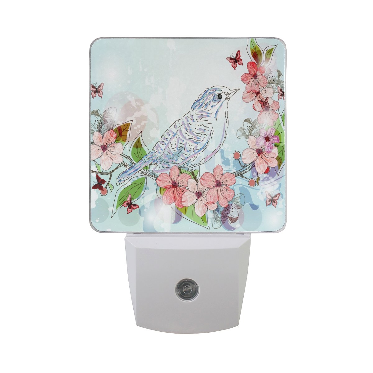 UK Night Light, 2 Pack Bird Butterfly Floral Print Lamp Plug in with Light Sensor Automatic Open Close Personalized Indoor for Kids Baby Child Children Adult Room Bedroom Hallway Gift Decoration