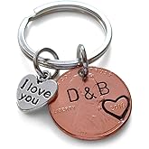 Custom Hand Stamped Personalized Penny Keychain Initials With Heart Around Year & Other Options, Anniversary Gift, Husband Wife Key Chain, Boyfriend Girlfriend Gift, Customized Couples Keychain