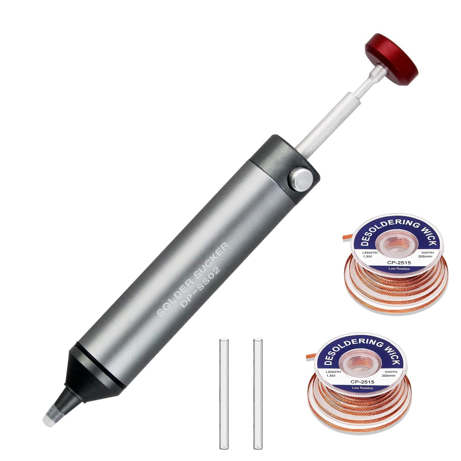 FrogBro Desoldering Pump, Non-Clogging Solder Sucker, 2 Silicone Nozzles, 2 Desoldering Wires, Heat Resistant, 0.04 MPa Super Suction