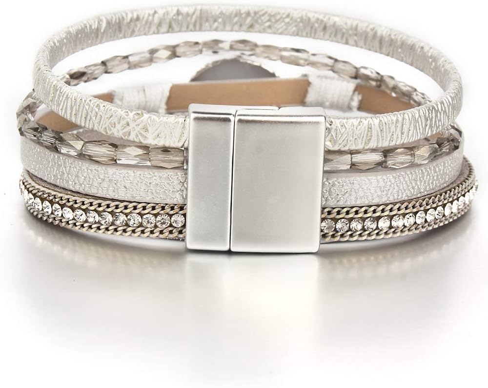 Leather Wrap Bracelet Boho Cuff Bracelets Crystal Bead Bracelet with Magnetic Clasp for Women Handmade Layered Bracelet for Teen Girls(7.7", Silver): Clothing